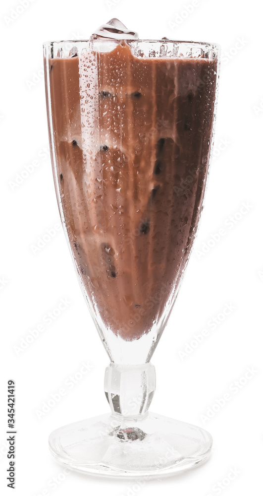 Glass of tasty iced coffee on white background