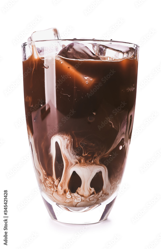 Glass of tasty iced coffee on white background