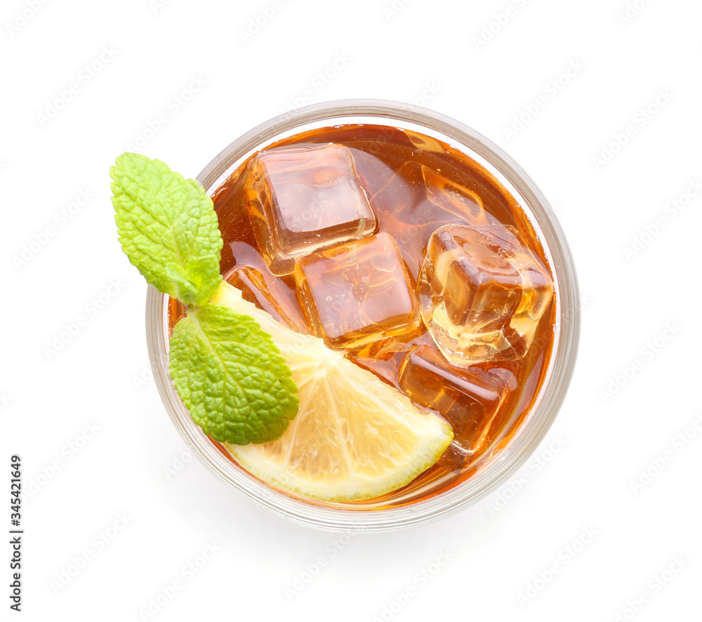 Glass of tasty cold ice tea on white background