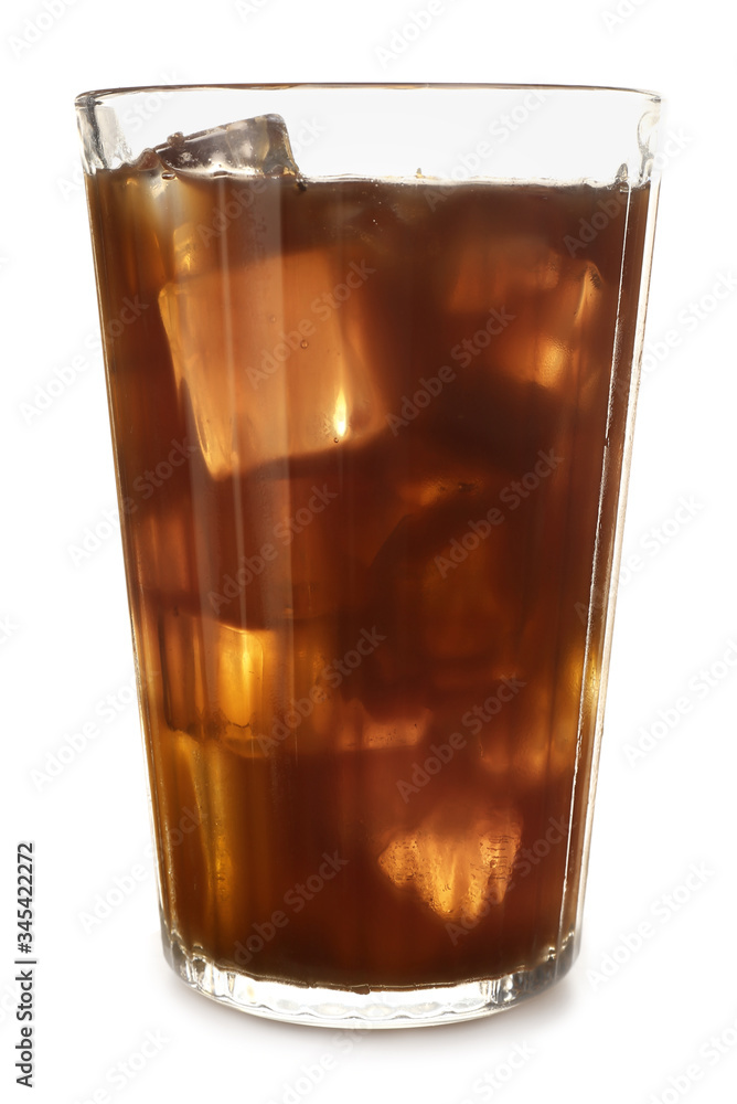 Glass of tasty cold coffee on white background