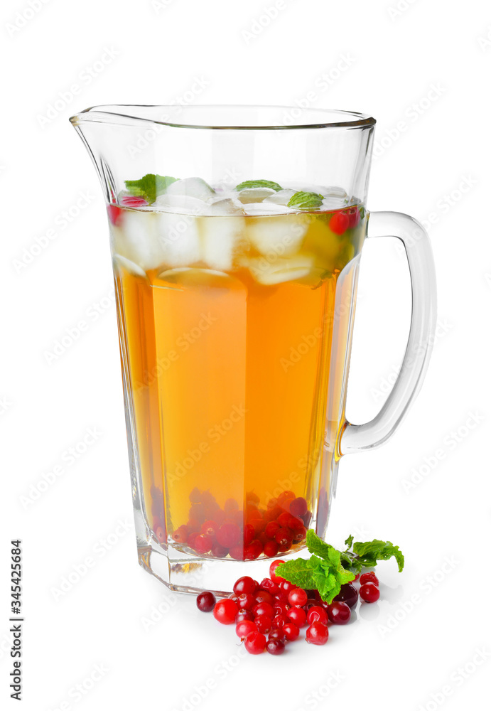 Jug of tasty cold tea on white background