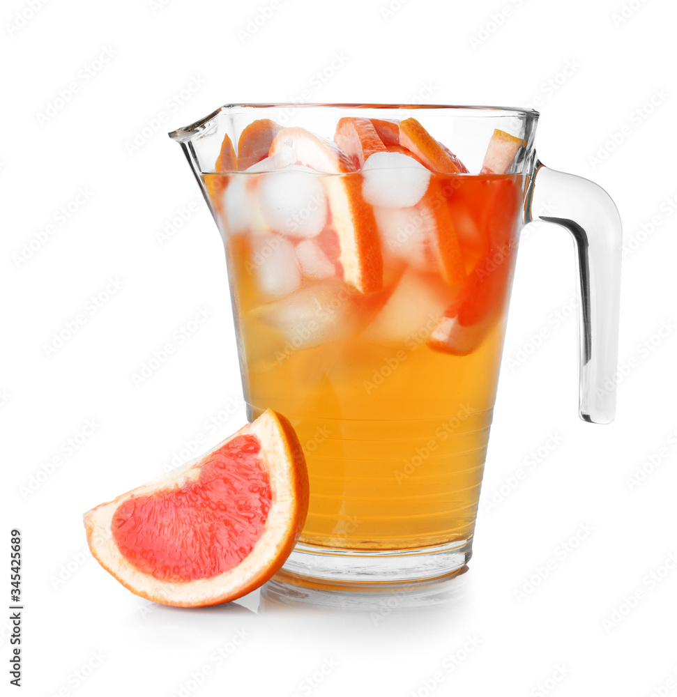 Jug of tasty cold tea on white background