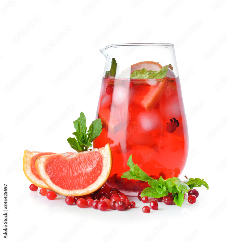 Jug of tasty cold tea on white background