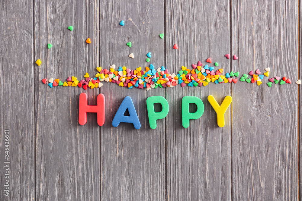 word HAPPY on wooden background