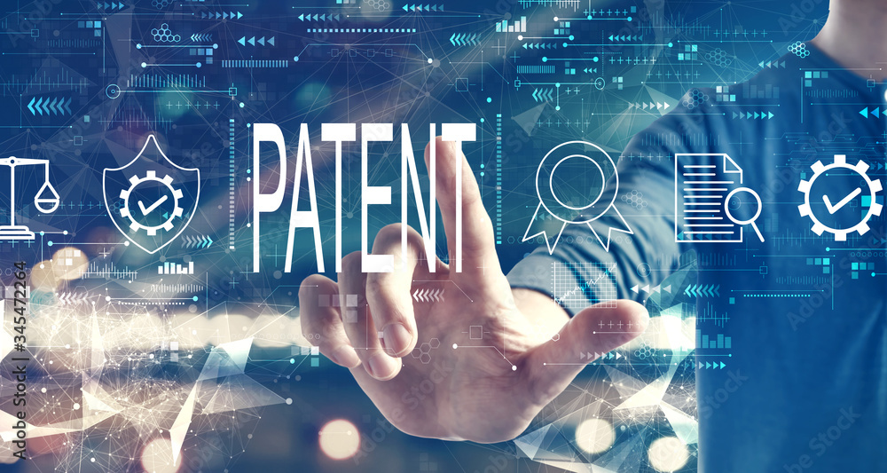 Patent concept with a man on blurred city background