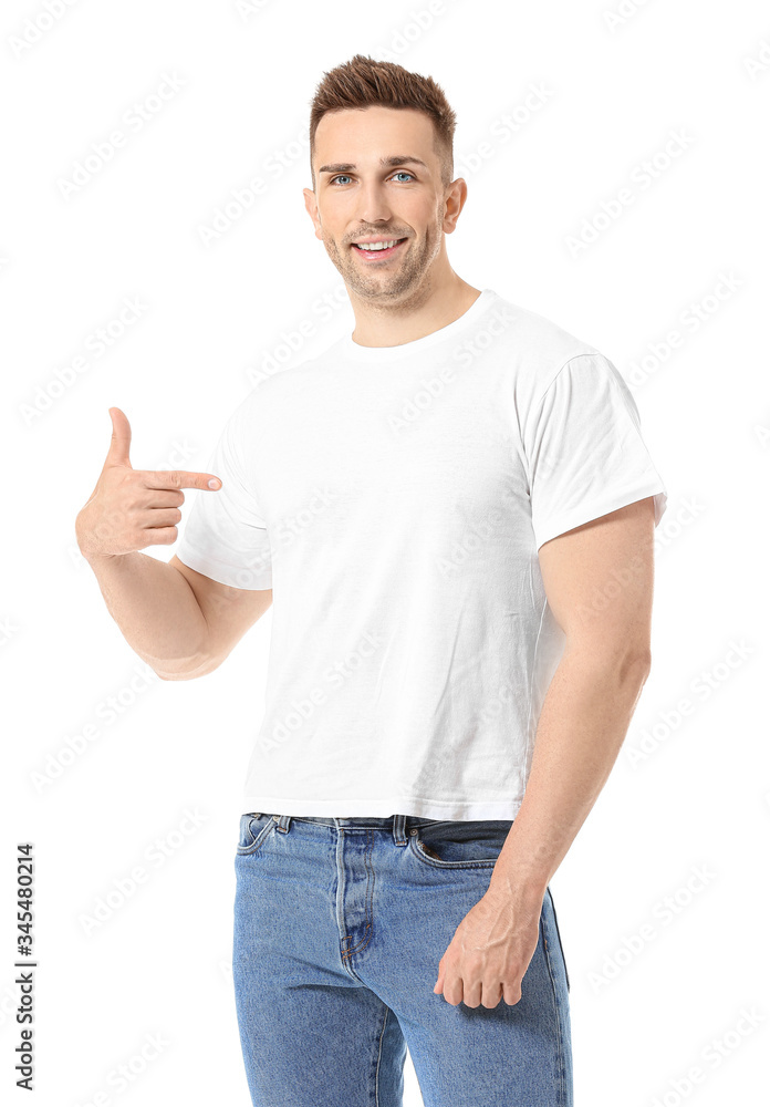 Man in stylish t-shirt on white background