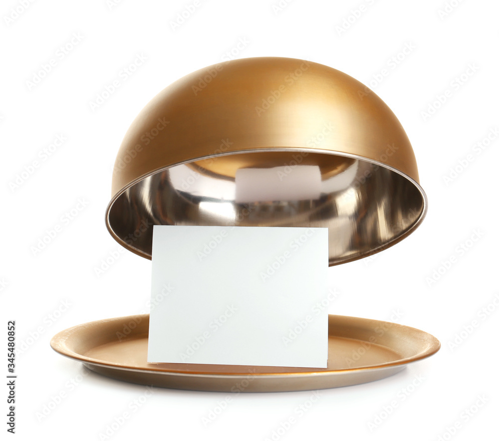 Tray and cloche with paper sheet on white background