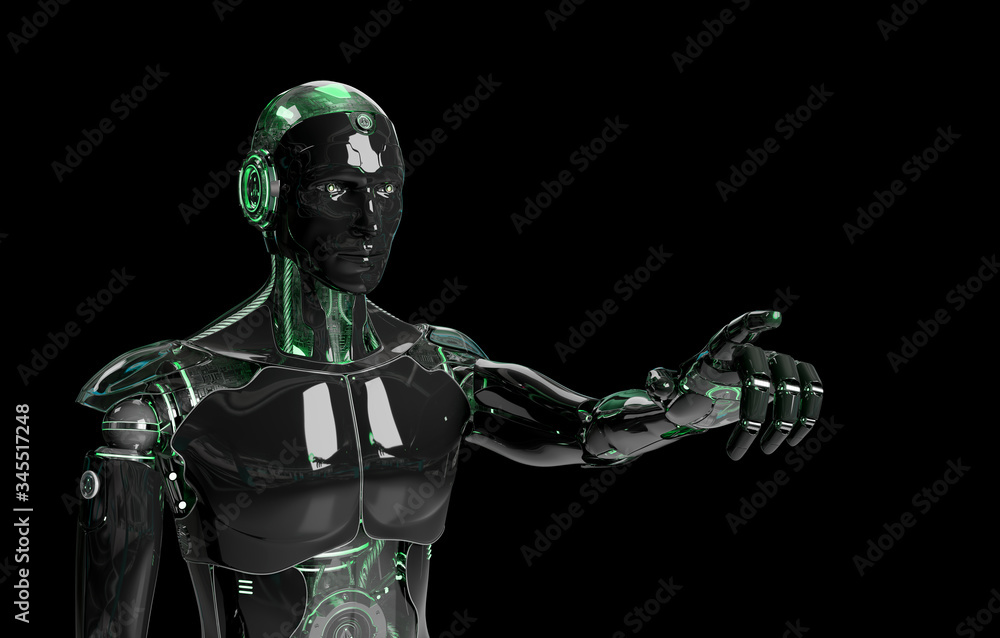 Black and green intelligent robot cyborg pointing finger on dark 3D rendering