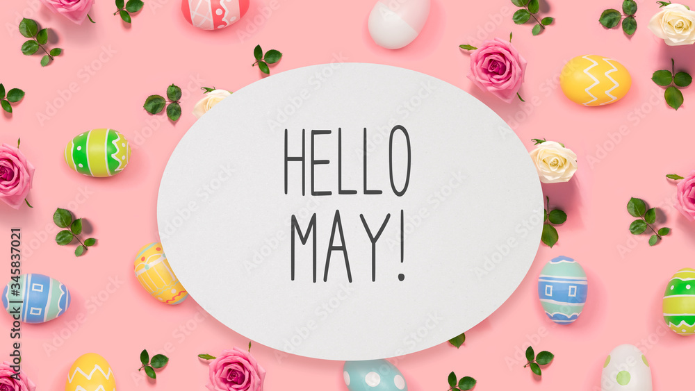 Hello May message with Easter eggs on a pink background