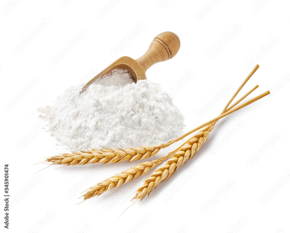 Wheat flour with spikelets and wooden scoop isolated on white.