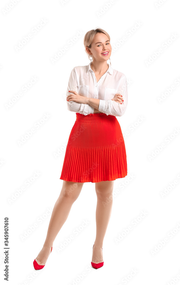 Portrait of beautiful young woman on white background