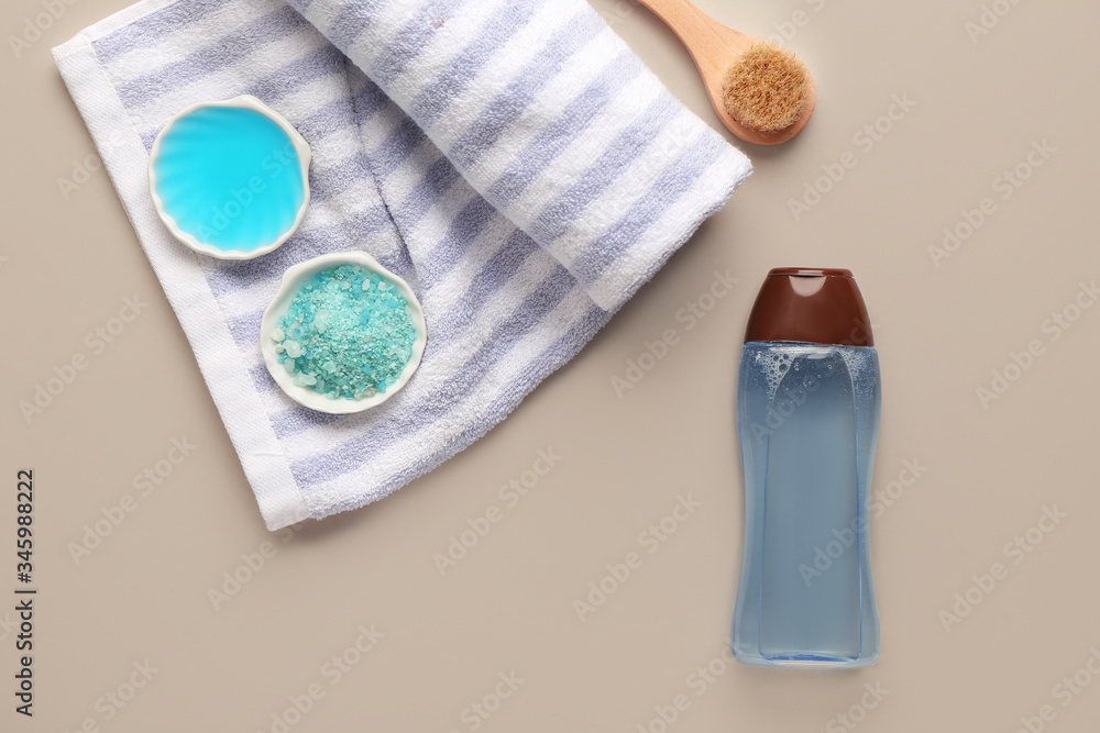 Set of bath accessories on light background