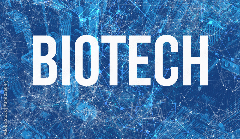 具有抽象网络模式和摩天大楼的生物技术主题