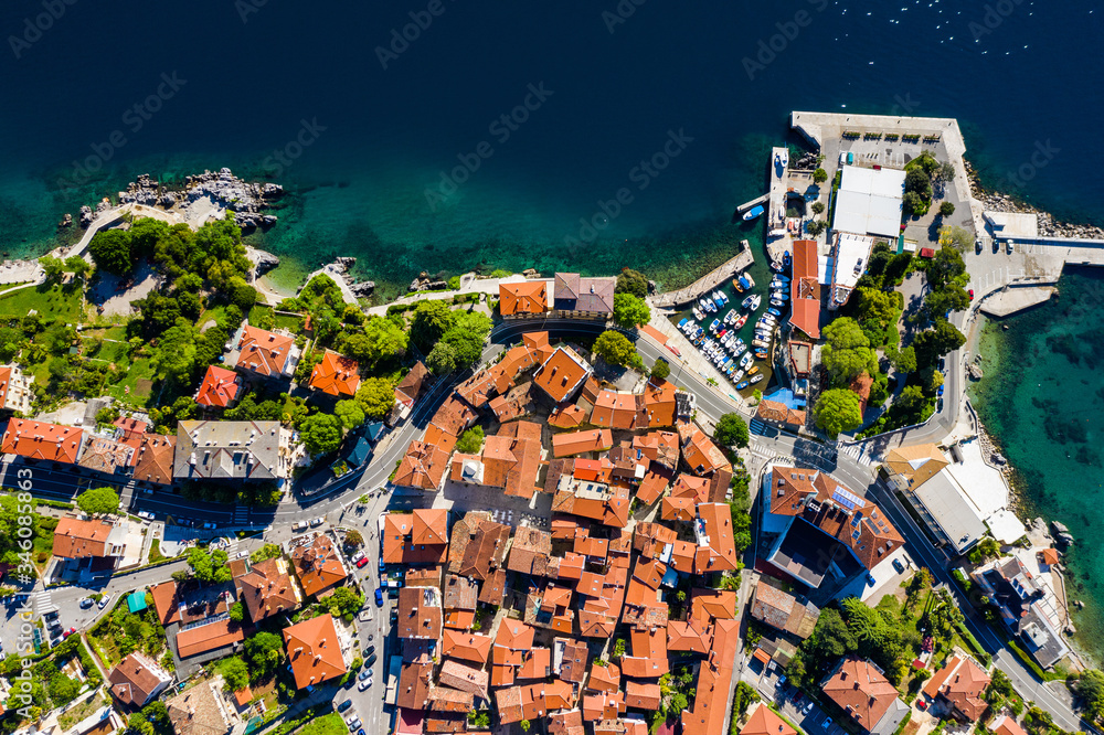 Croatia, Adriatic coast, beautiful old town of Lovran, historic center and coastline aerial overhead