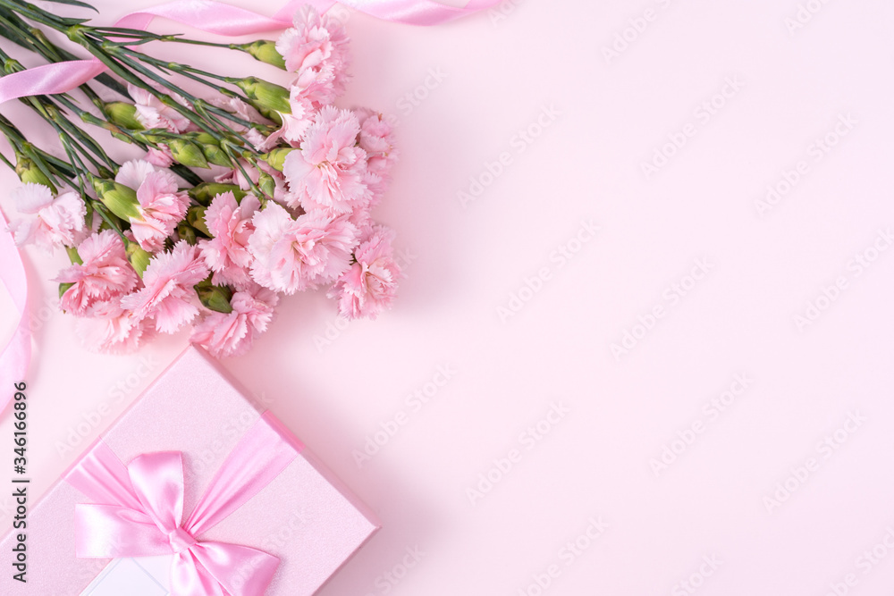 Mothers Day, Valentines Day background design concept, beautiful pink carnation flower bouquet on 