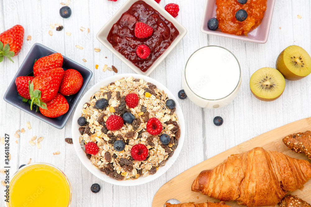 Breakfast Served in the morning with Butter croissant and corn flakes Whole grains and raisins with 