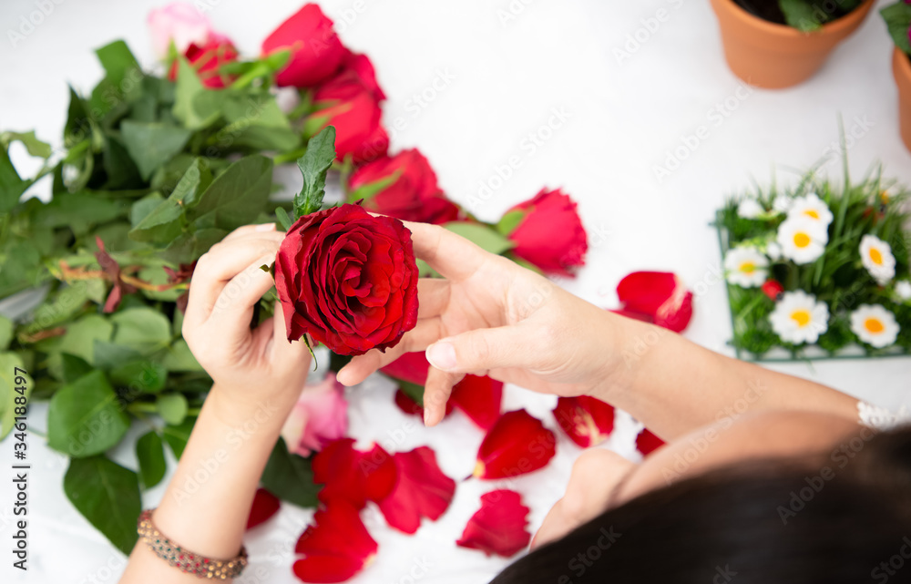 Woman Preparing to trim red and pink roses and beautiful flower arrangements in the home, flower arr