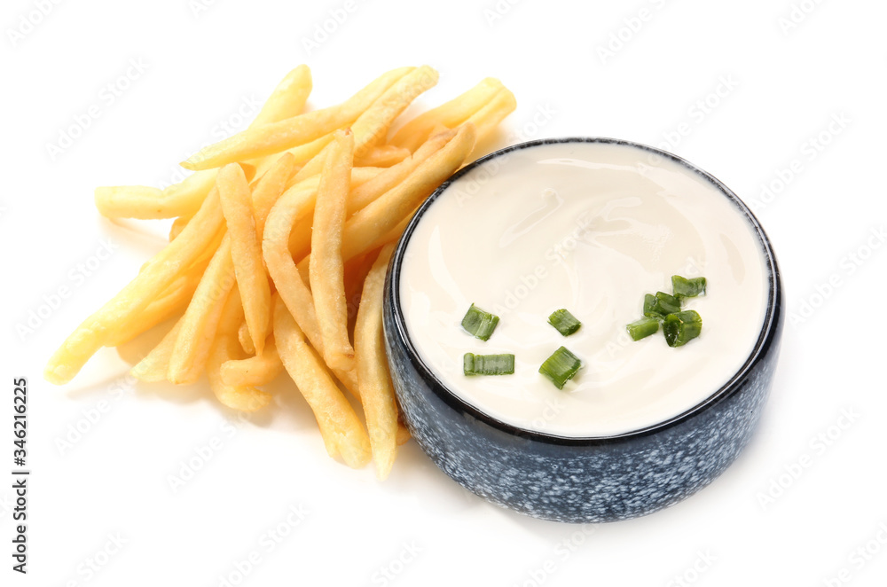 Bowl with tasty sour cream and french fries on white background