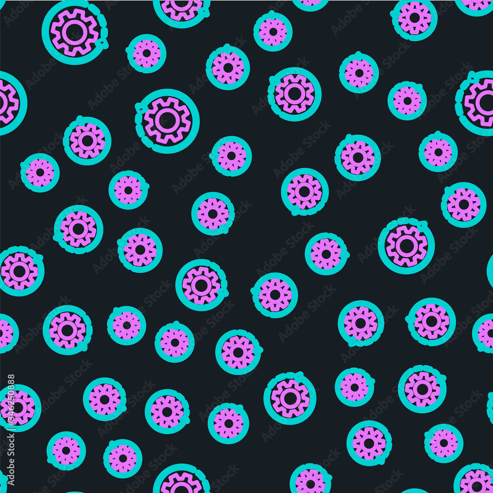 Line Gear and arrows as workflow concept icon isolated seamless pattern on black background. Gear re