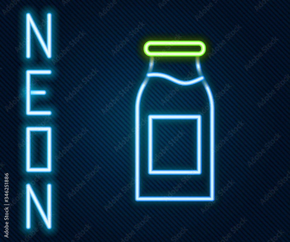 Glowing neon line Closed glass bottle with milk icon isolated on black background. Colorful outline 