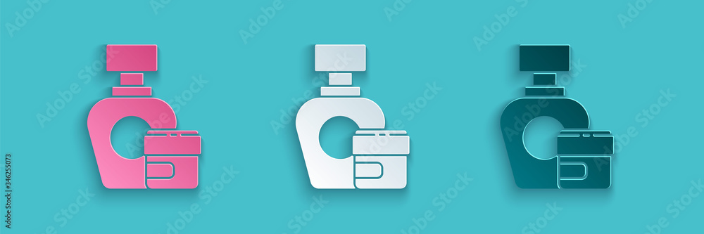 Paper cut Cream or lotion cosmetic tube icon isolated on blue background. Body care products for men