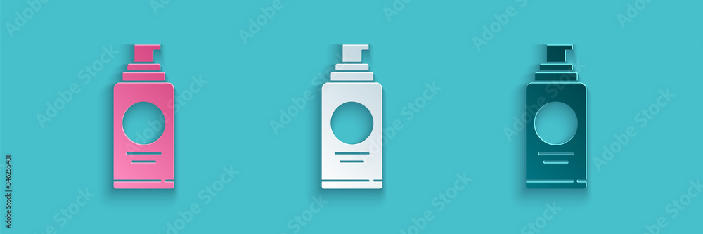 Paper cut Spray can for hairspray, deodorant, antiperspirant icon isolated on blue background. Paper