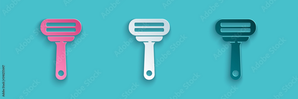 Paper cut Shaving razor icon isolated on blue background. Paper art style. Vector Illustration