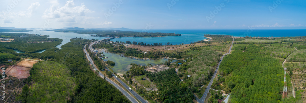 Panorama image Aerial drone shot of sarasin bridge Phuket thailand image transportation background S