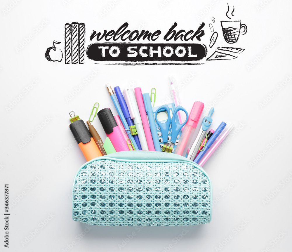 Pencil bag with stationery and text WELCOME BACK TO SCHOOL on white background