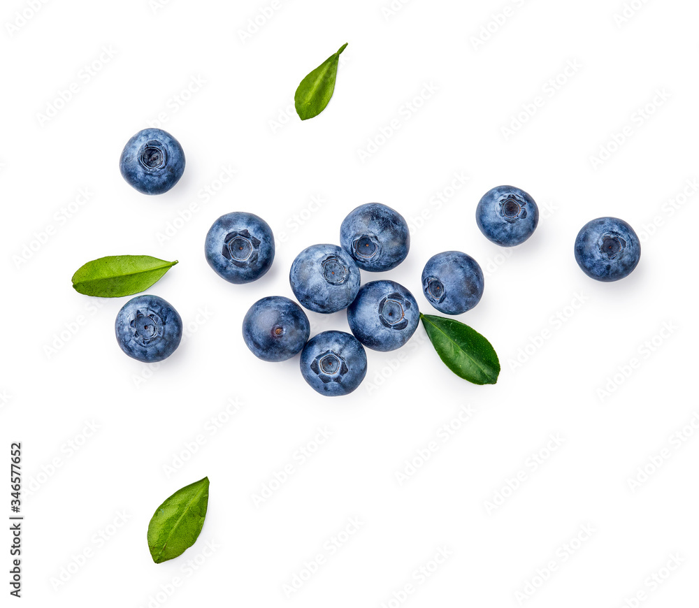 Fresh blueberries with bluberry leaves isolated on white background. Top vew.