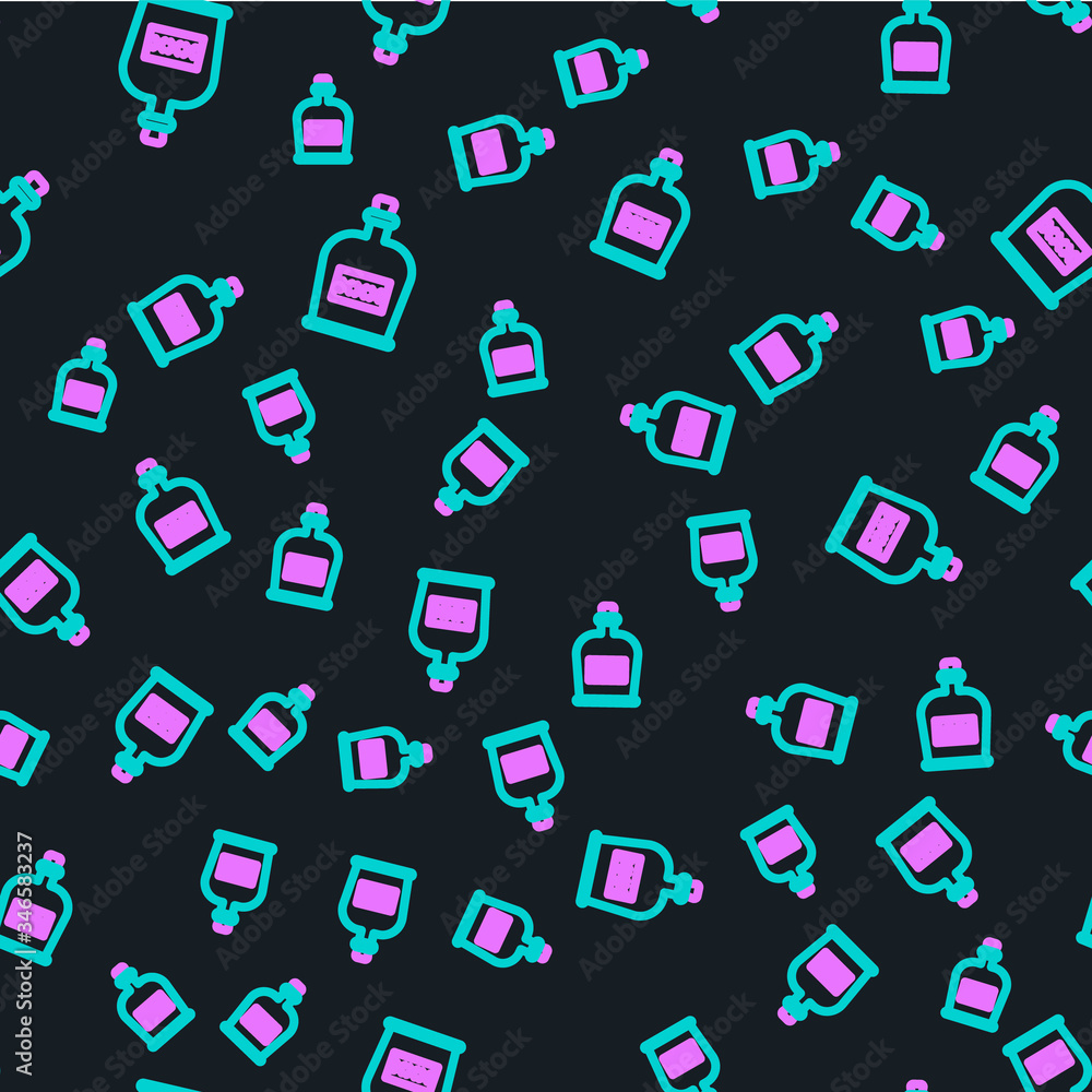 Line Alcohol drink Rum bottle icon isolated seamless pattern on black background.  Vector Illustrati