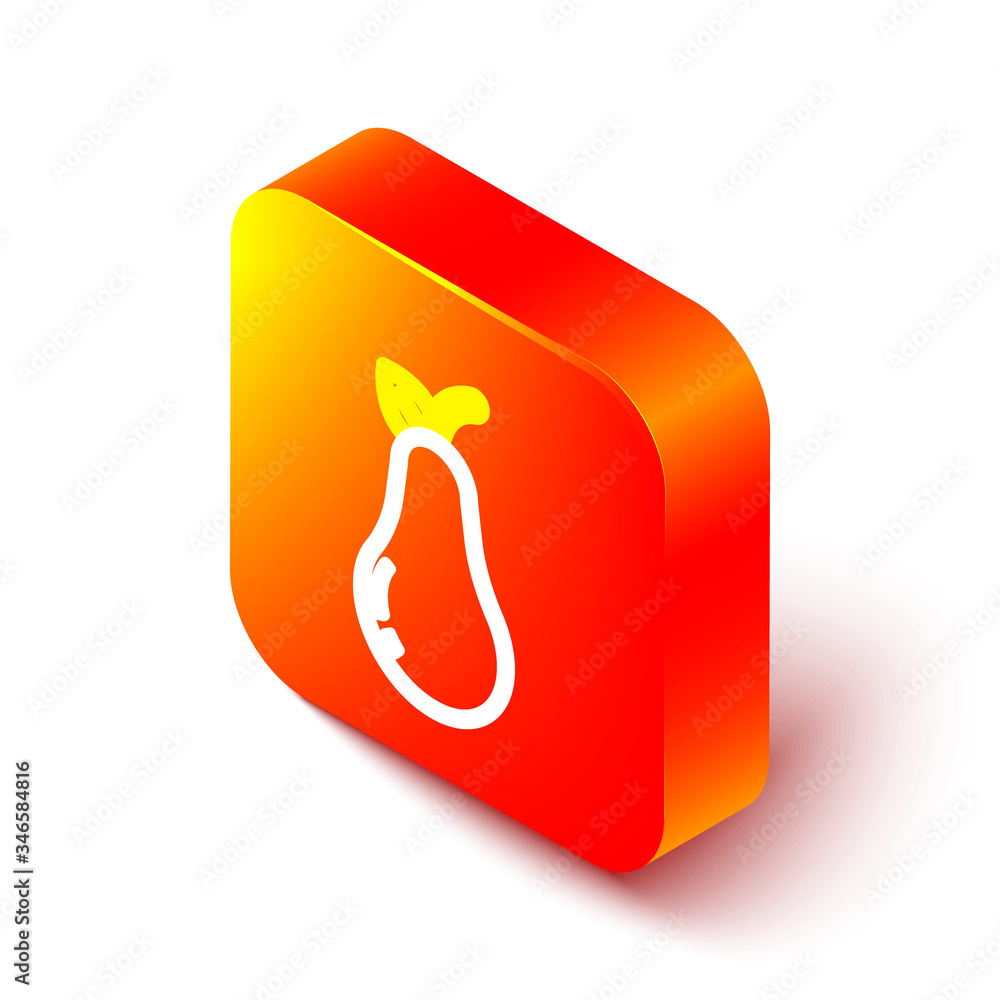 Isometric line Pear icon isolated on white background. Fruit with leaf symbol. Orange square button.