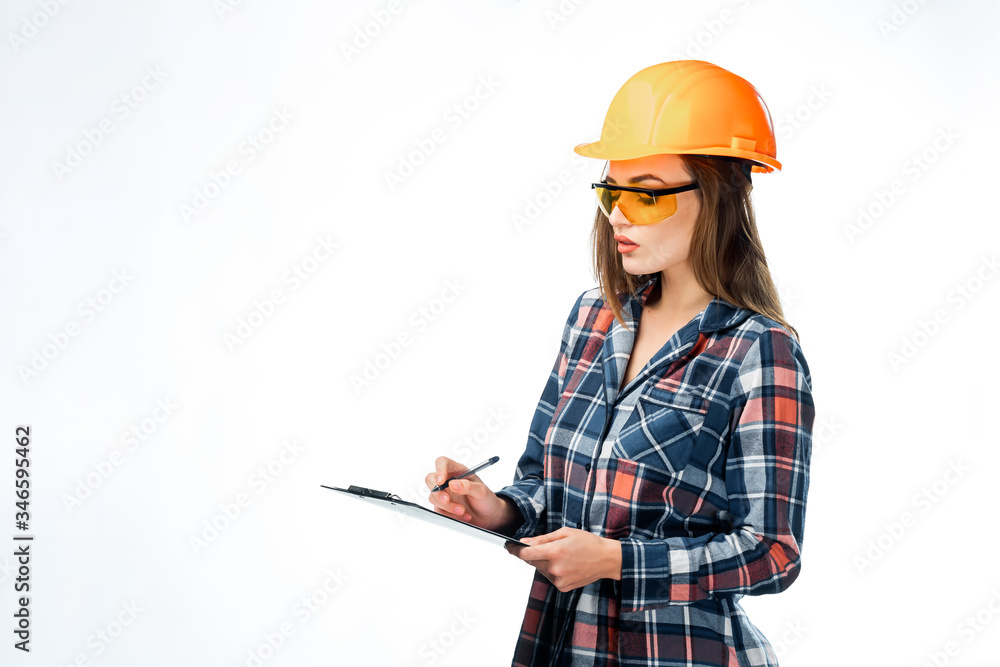 Serious attractive architect woman with hard hat. Isolated on white background. Smart, clever, lovel