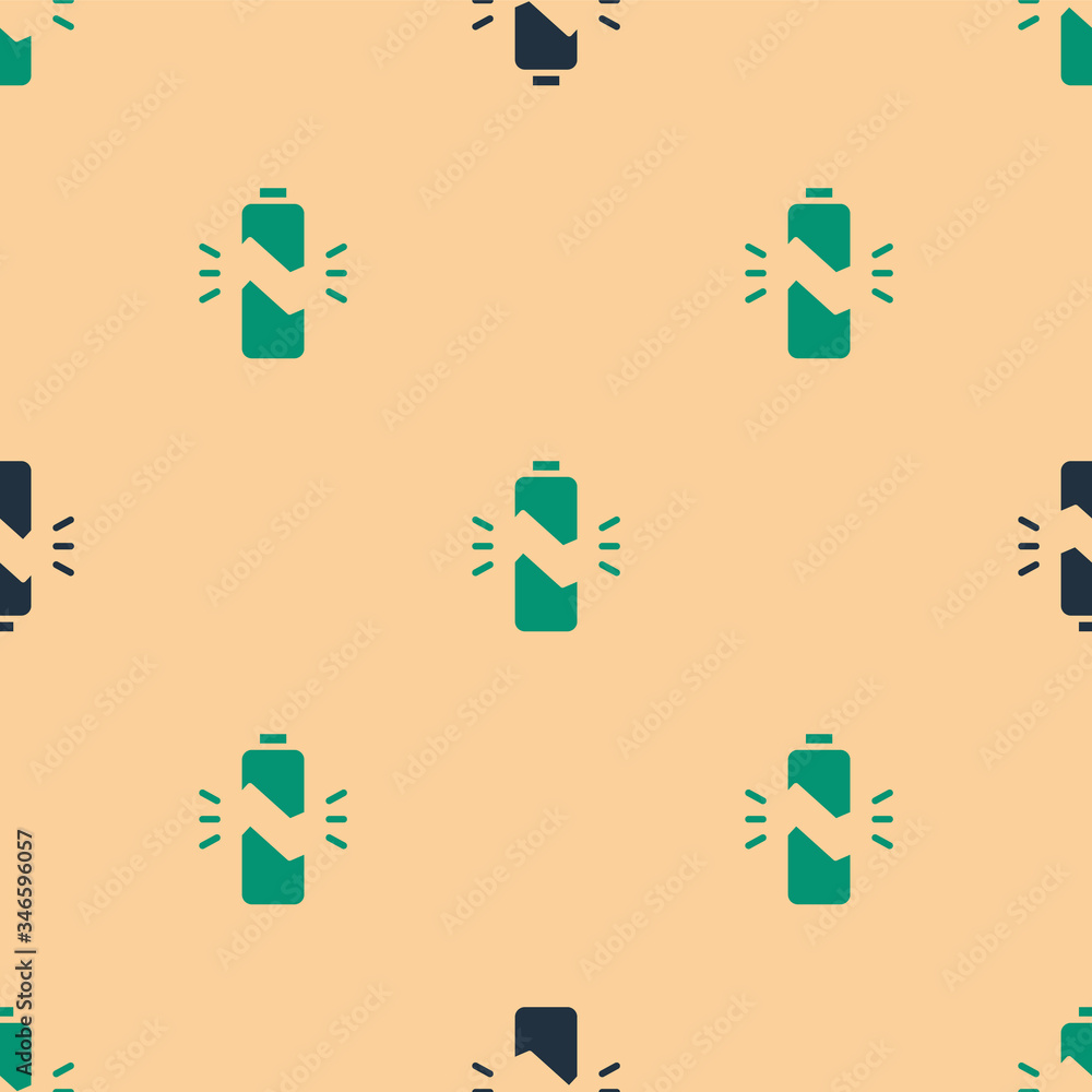 Green and black Broken battery icon isolated seamless pattern on beige background.  Vector Illustrat