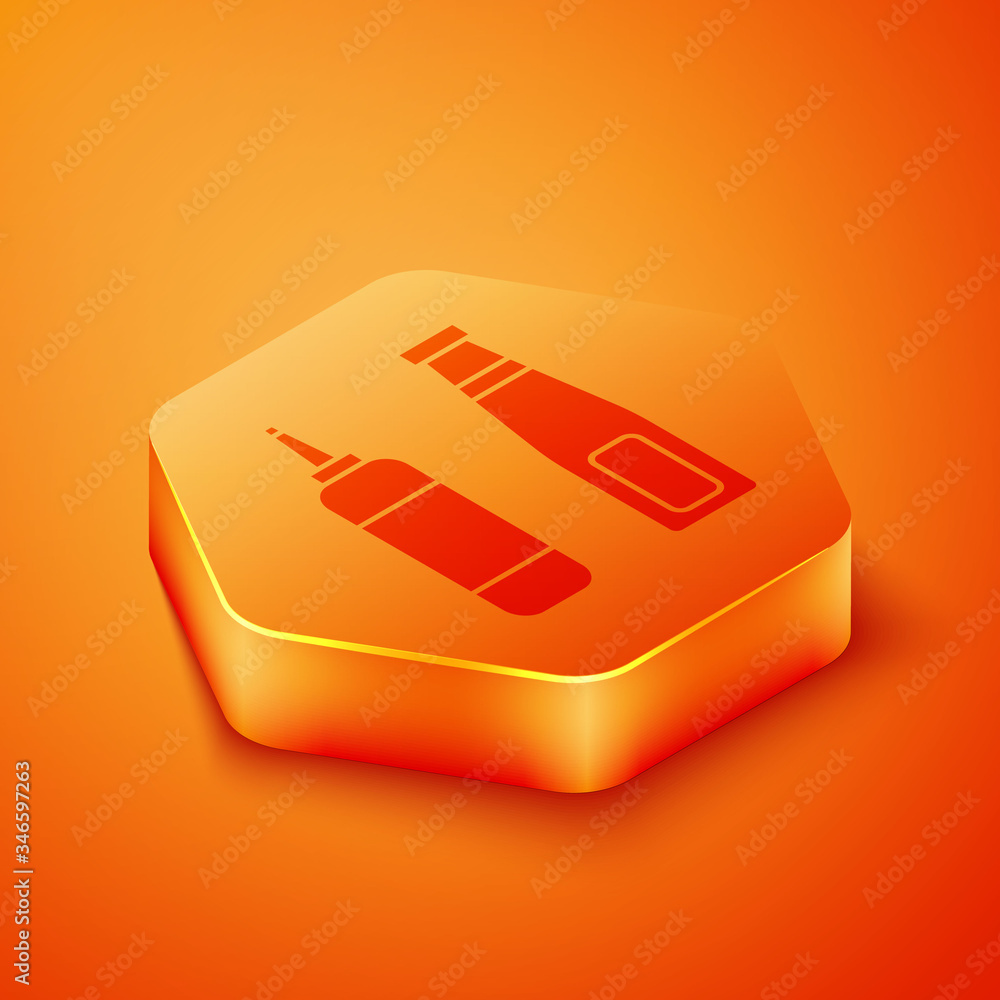 Isometric Sauce bottle icon isolated on orange background. Ketchup, mustard and mayonnaise bottles w