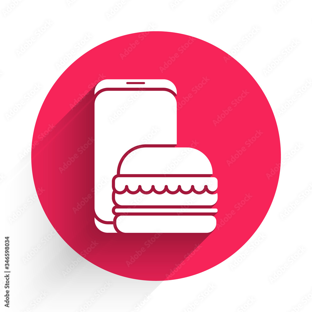 White Online ordering and fast food delivery icon isolated with long shadow. Burger sign. Red circle