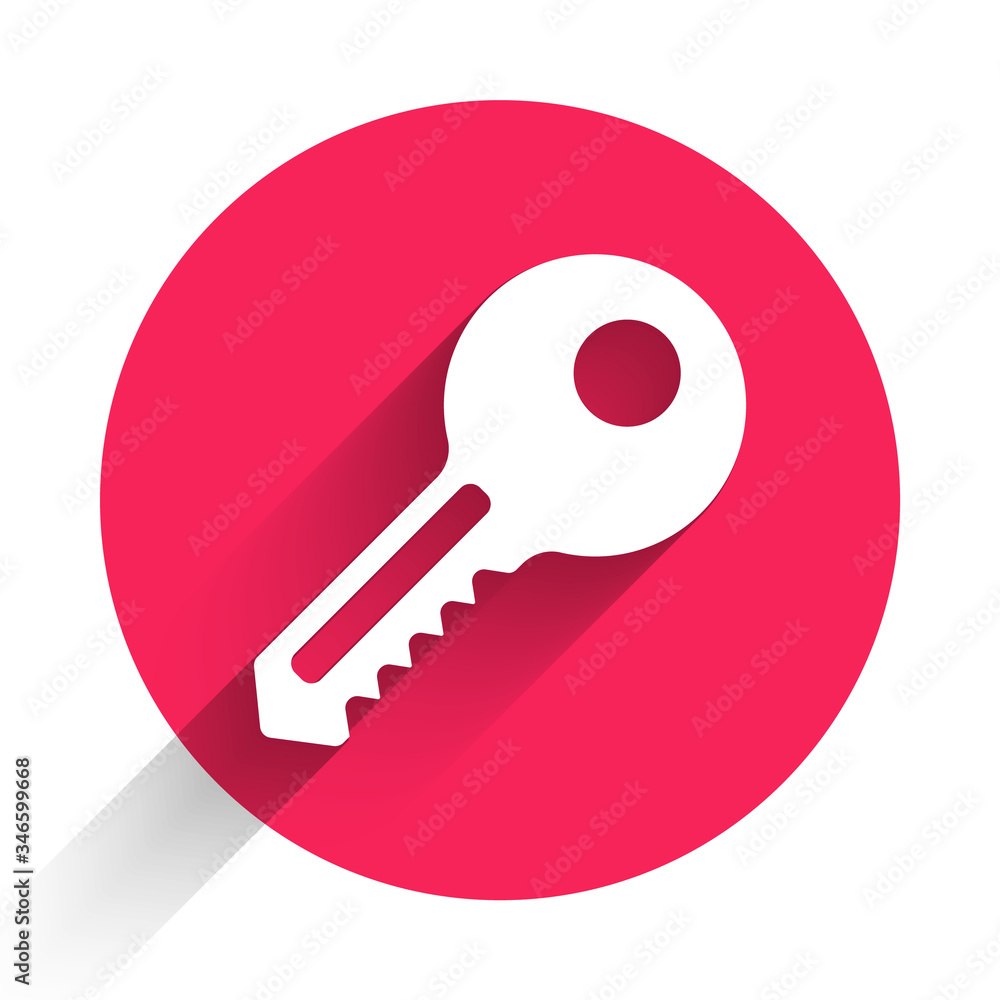 White Key icon isolated with long shadow. Red circle button. Vector Illustration