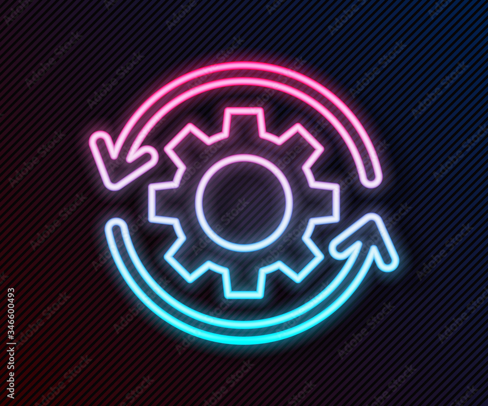 Glowing neon line Gear and arrows as workflow concept icon isolated on black background. Gear reload