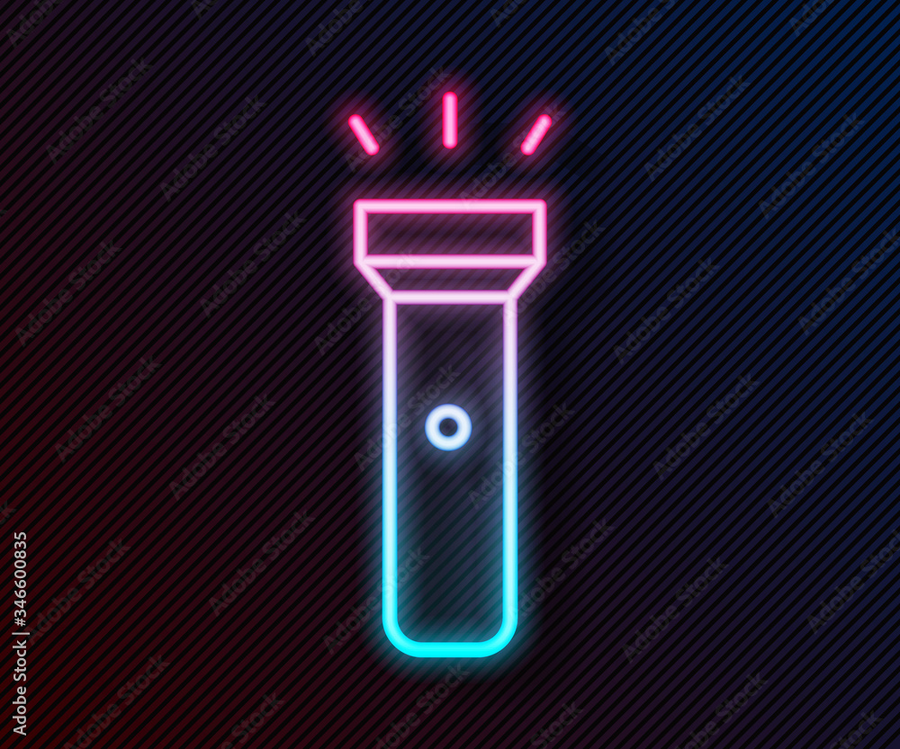 Glowing neon line Flashlight icon isolated on black background. Vector Illustration