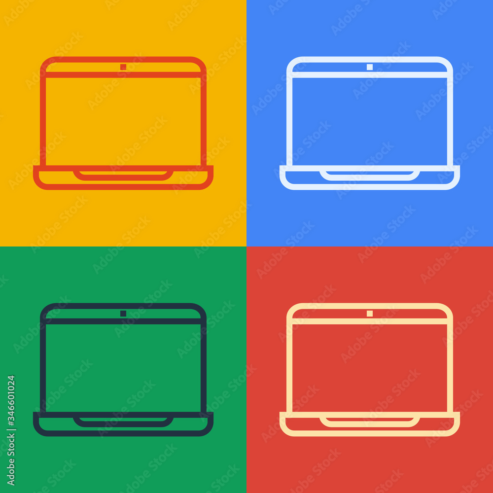 Pop art line Laptop icon isolated on color background. Computer notebook with empty screen sign. Vec