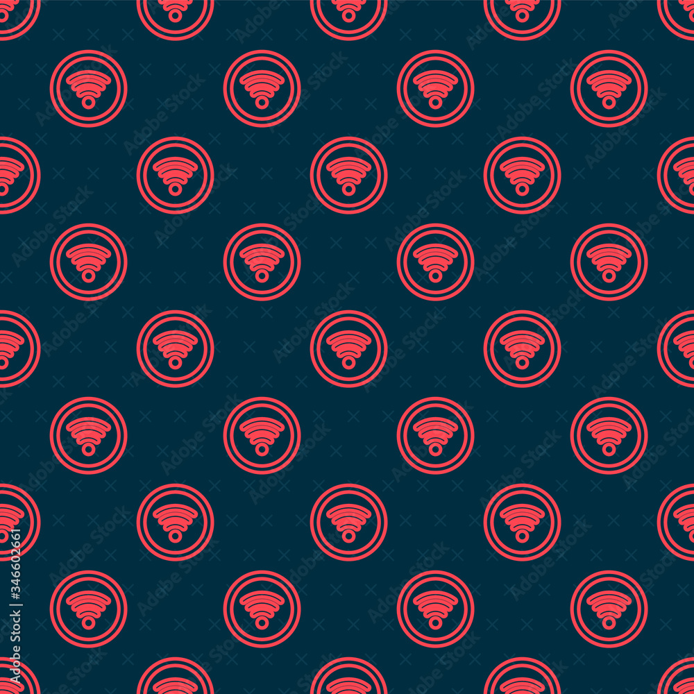 Red line Wi-Fi wireless internet network symbol icon isolated seamless pattern on black background. 