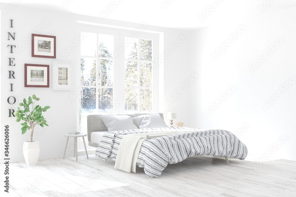 White bedroom with winter landscape in window. Scandinavian interior design. 3D illustration