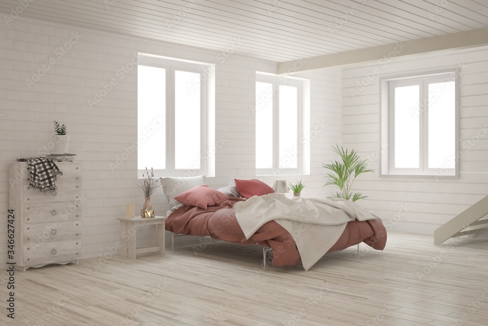 White bedroom interior. Scandinavian design. 3D illustration