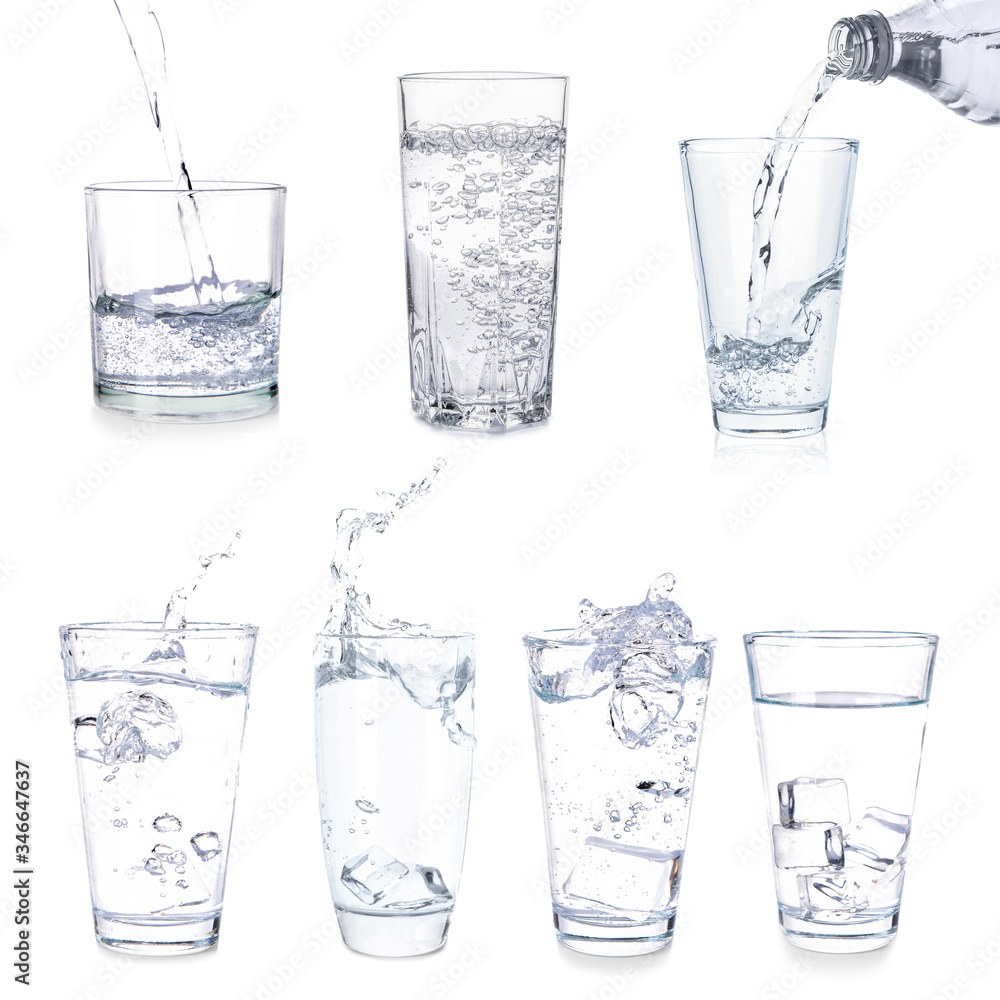 Collage with glasses of fresh water on white background