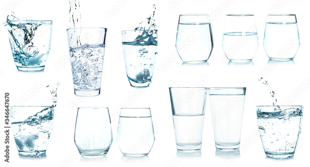 Collage with glasses of fresh water on white background