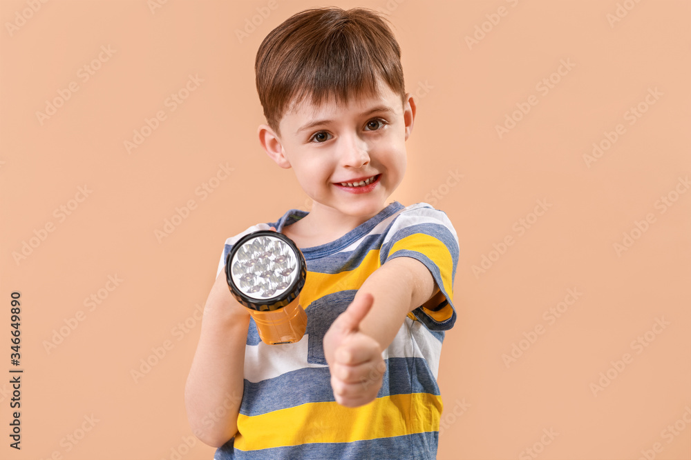 Little boy with flashlight on color background