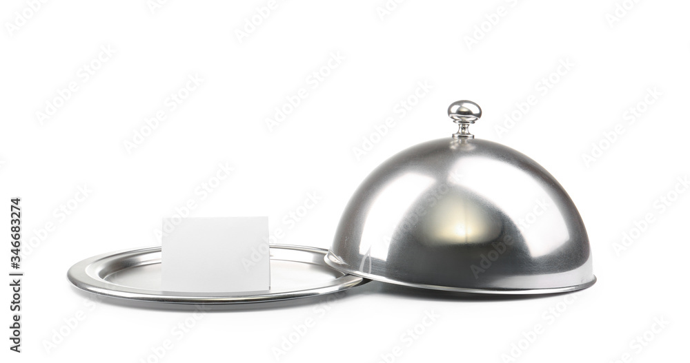 Tray and cloche with blank paper sheet on white background