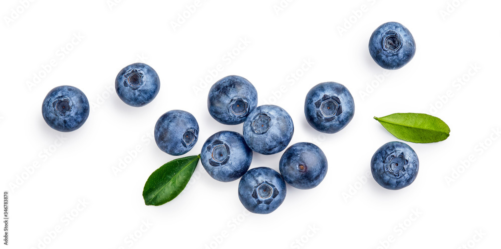 Fresh blueberries with bluberry leaves isolated on white background. Top vew.