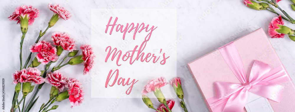 Happy Mothers Day background design concept with greeting words, beautiful pink, red carnation flow