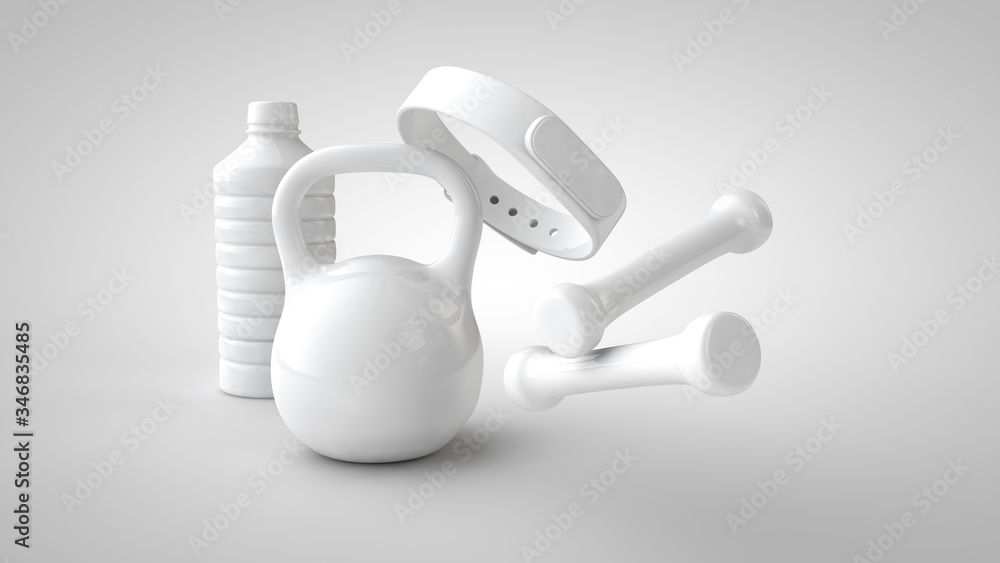 Fitness workout background . 3d illustration. Sports Equipment - weight, sports nutrition, fitness b